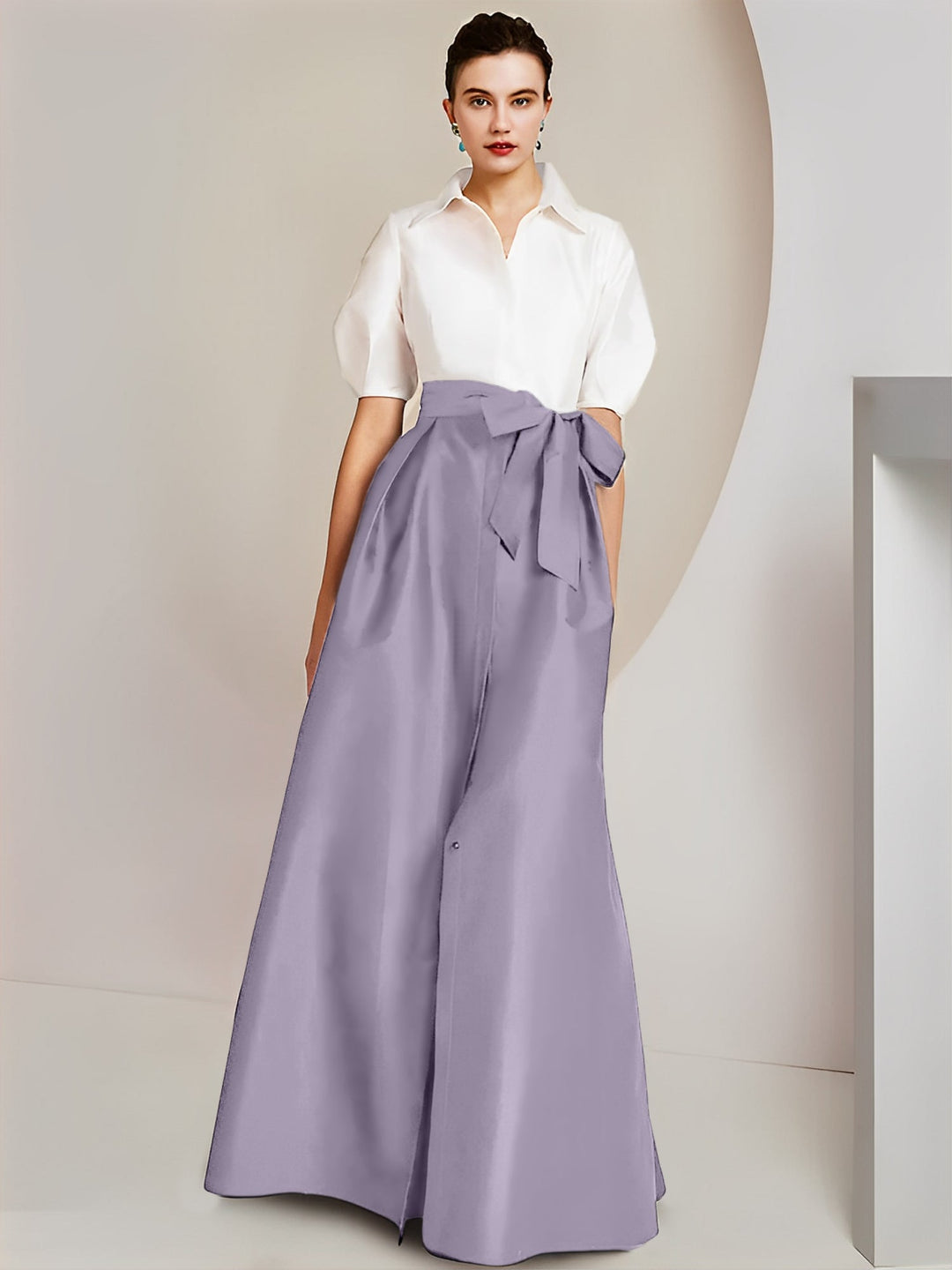 Robe Mère de la Mariée 2 Pièces Coupe A-Line/Princess, Col Chemise, Manches Courtes, Longueur Au Sol, avec Nœud