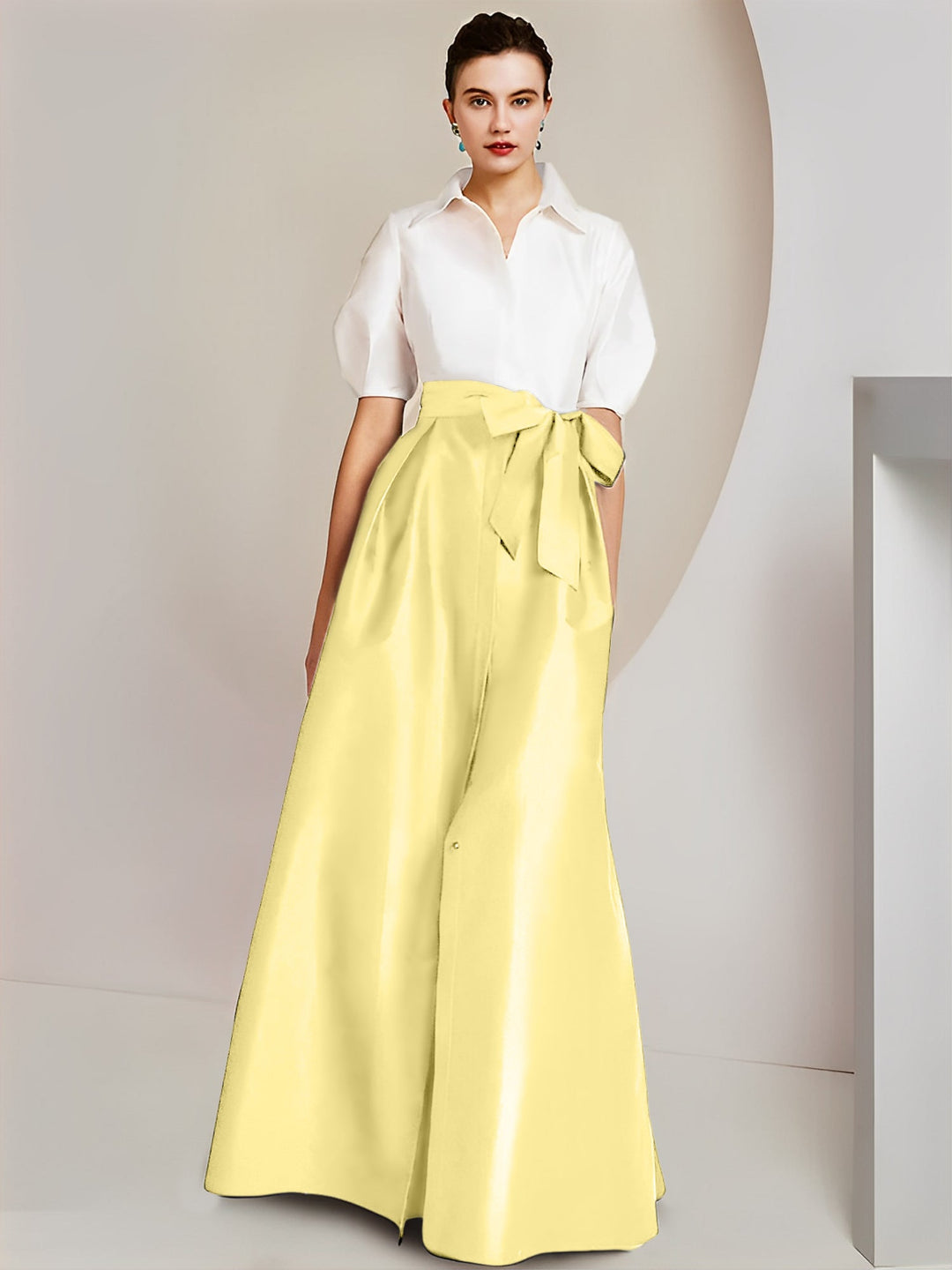 Robe Mère de la Mariée 2 Pièces Coupe A-Line/Princess, Col Chemise, Manches Courtes, Longueur Au Sol, avec Nœud