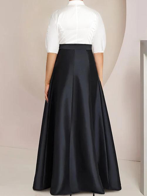 Robe Mère de la Mariée 2 Pièces Coupe A-Line/Princess, Col Chemise, Manches Courtes, Longueur Au Sol, avec Nœud