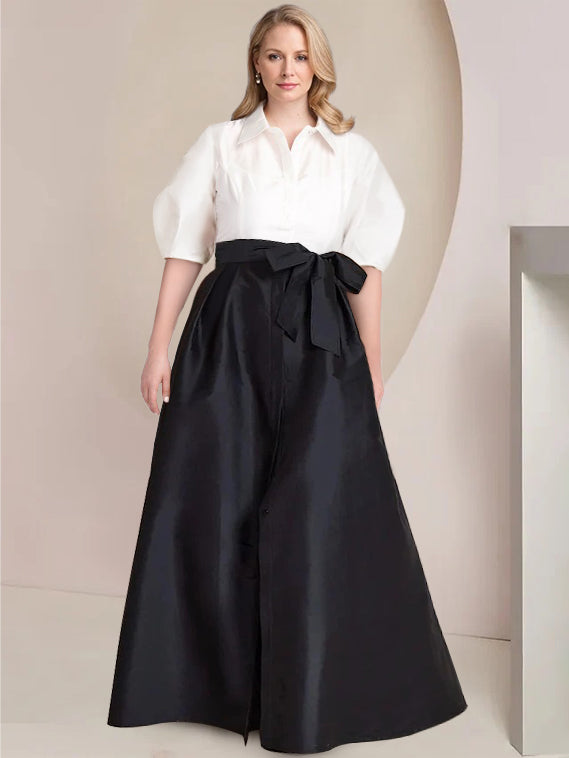 Robe Mère de la Mariée 2 Pièces Coupe A-Line/Princess, Col Chemise, Manches Courtes, Longueur Au Sol, avec Nœud