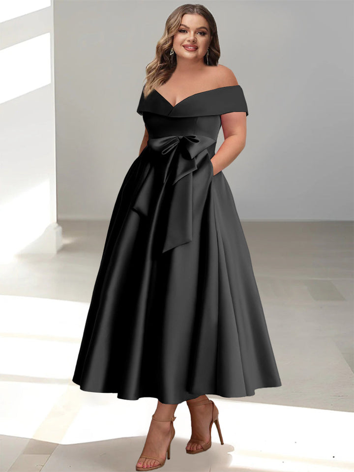 Robe de Mère de la Mariée Grande Taille, Coupe A-Line/Princess, Épaules Dénudées, Sans Manches, Longueur Cheville, avec Poches
