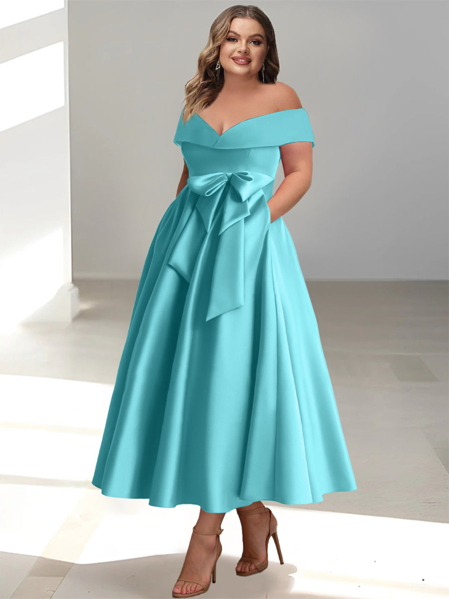 Robe de Mère de la Mariée Grande Taille, Coupe A-Line/Princess, Épaules Dénudées, Sans Manches, Longueur Cheville, avec Poches