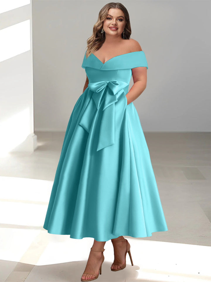 Robe de Mère de la Mariée Grande Taille, Coupe A-Line/Princess, Épaules Dénudées, Sans Manches, Longueur Cheville, avec Poches