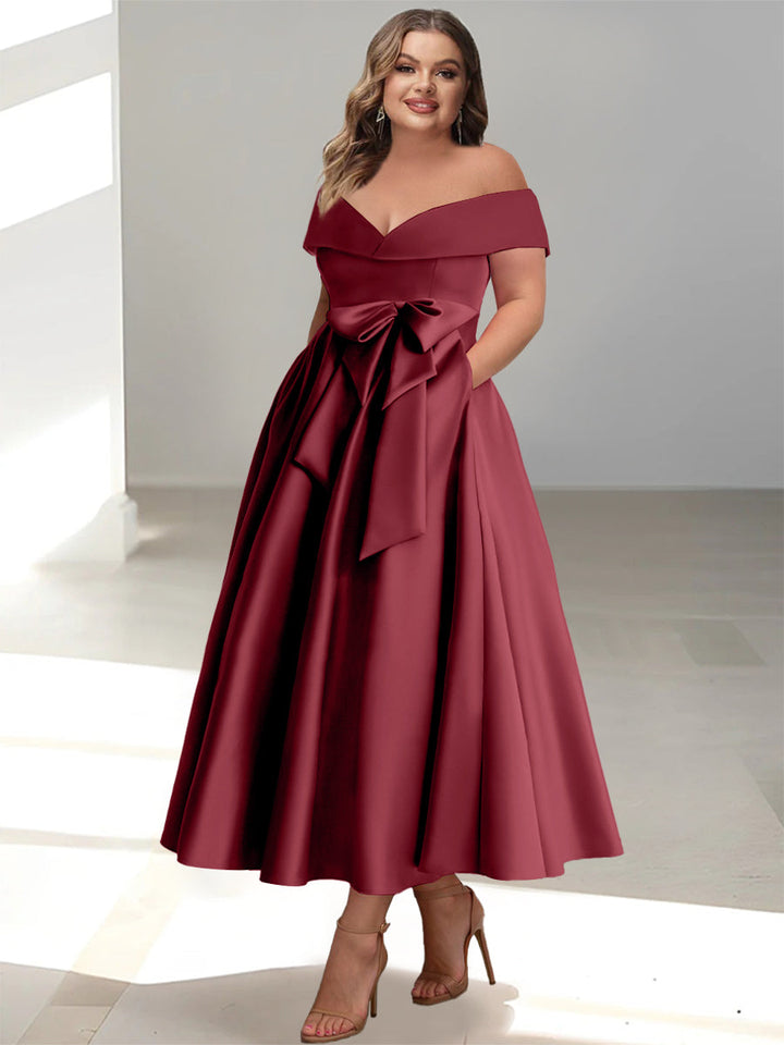 Robe de Mère de la Mariée Grande Taille, Coupe A-Line/Princess, Épaules Dénudées, Sans Manches, Longueur Cheville, avec Poches
