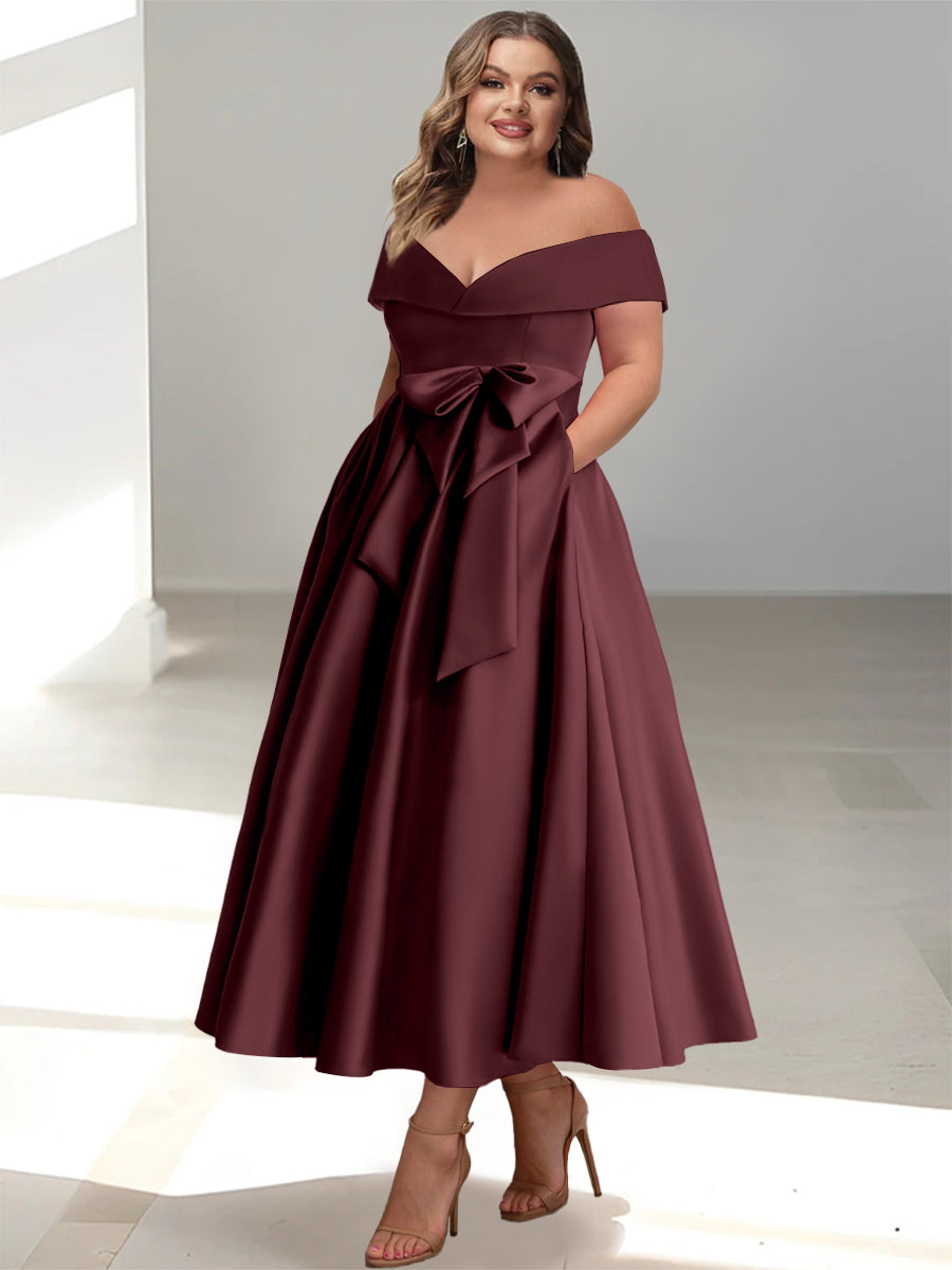 Robe de Mère de la Mariée Grande Taille, Coupe A-Line/Princess, Épaules Dénudées, Sans Manches, Longueur Cheville, avec Poches