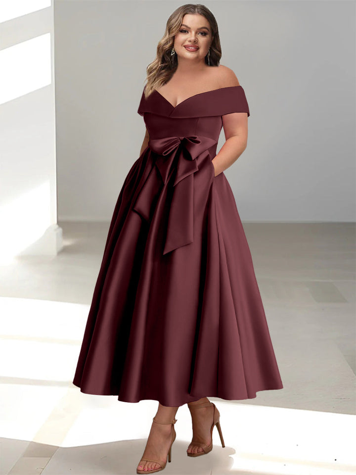 Robe de Mère de la Mariée Grande Taille, Coupe A-Line/Princess, Épaules Dénudées, Sans Manches, Longueur Cheville, avec Poches