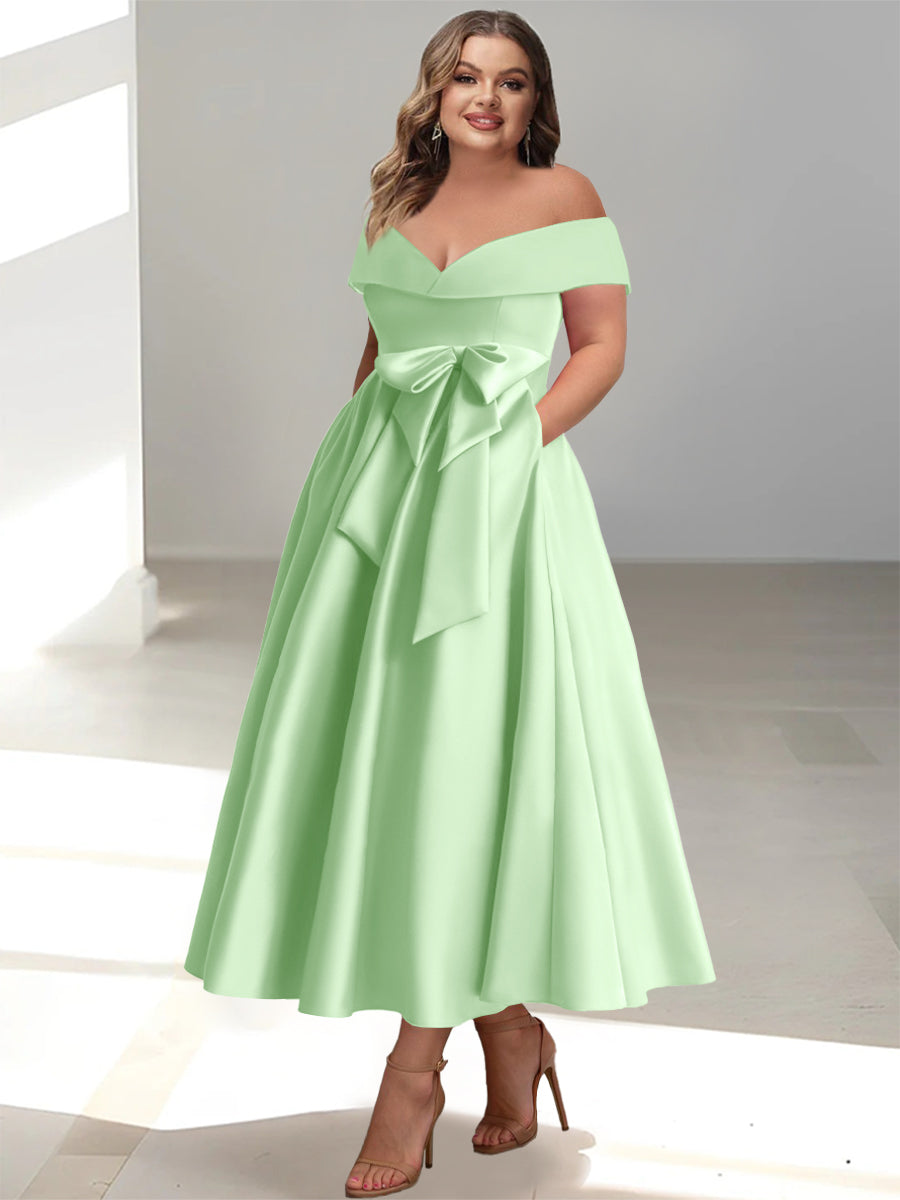 Robe de Mère de la Mariée Grande Taille, Coupe A-Line/Princess, Épaules Dénudées, Sans Manches, Longueur Cheville, avec Poches