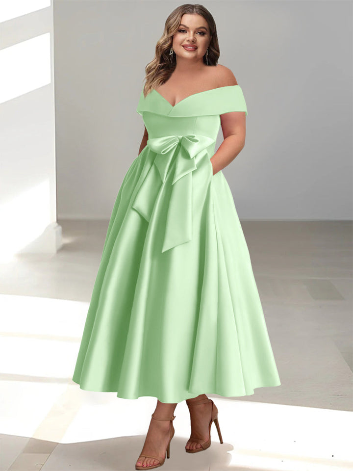 Robe de Mère de la Mariée Grande Taille, Coupe A-Line/Princess, Épaules Dénudées, Sans Manches, Longueur Cheville, avec Poches