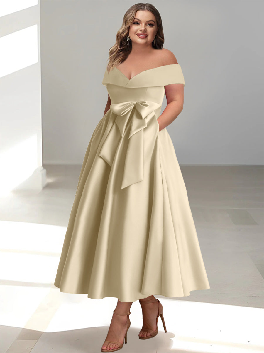 Robe de Mère de la Mariée Grande Taille, Coupe A-Line/Princess, Épaules Dénudées, Sans Manches, Longueur Cheville, avec Poches