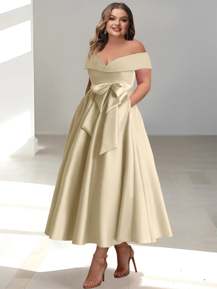 Robe de Mère de la Mariée Grande Taille, Coupe A-Line/Princess, Épaules Dénudées, Sans Manches, Longueur Cheville, avec Poches