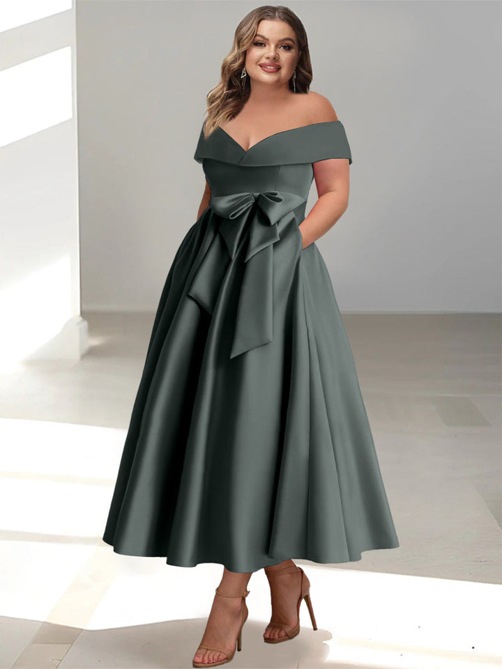 Robe de Mère de la Mariée Grande Taille, Coupe A-Line/Princess, Épaules Dénudées, Sans Manches, Longueur Cheville, avec Poches