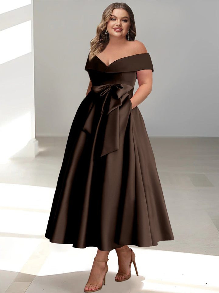 Robe de Mère de la Mariée Grande Taille, Coupe A-Line/Princess, Épaules Dénudées, Sans Manches, Longueur Cheville, avec Poches
