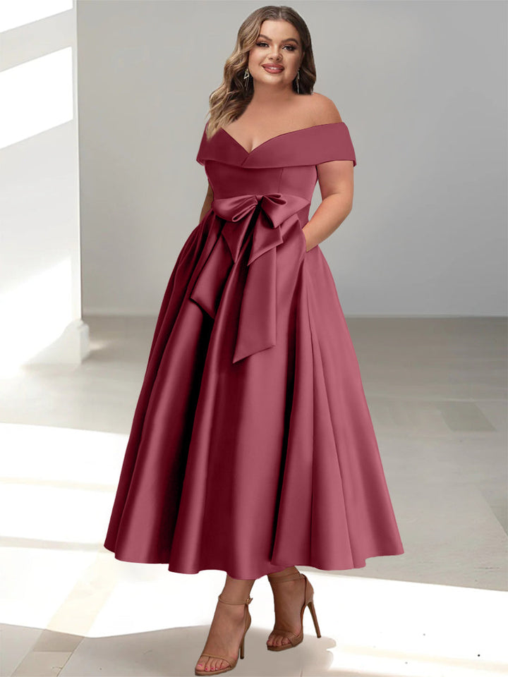 Robe de Mère de la Mariée Grande Taille, Coupe A-Line/Princess, Épaules Dénudées, Sans Manches, Longueur Cheville, avec Poches