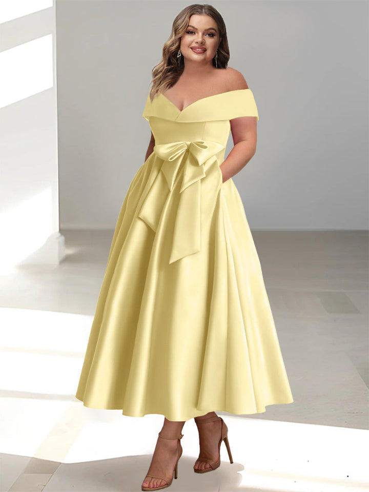 Robe de Mère de la Mariée Grande Taille, Coupe A-Line/Princess, Épaules Dénudées, Sans Manches, Longueur Cheville, avec Poches