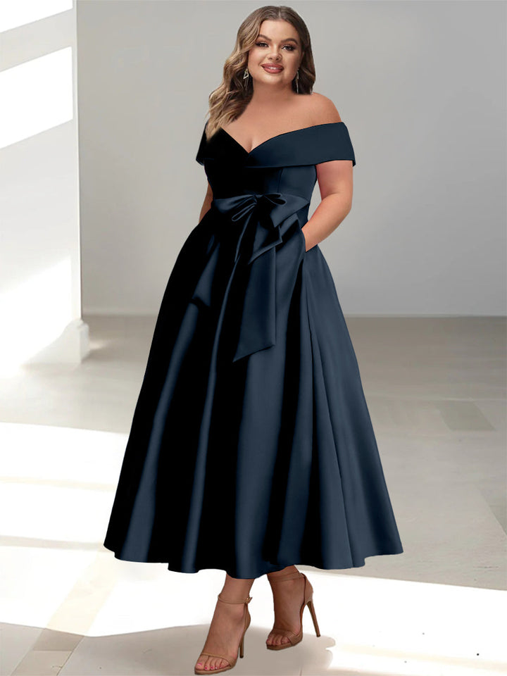 Robe de Mère de la Mariée Grande Taille, Coupe A-Line/Princess, Épaules Dénudées, Sans Manches, Longueur Cheville, avec Poches
