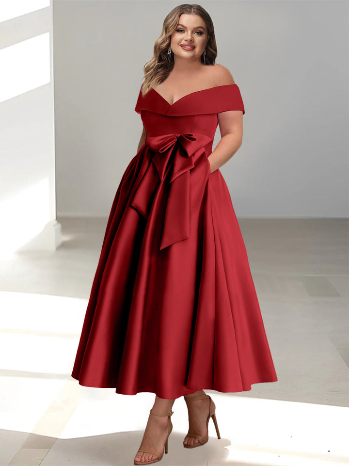Robe de Mère de la Mariée Grande Taille, Coupe A-Line/Princess, Épaules Dénudées, Sans Manches, Longueur Cheville, avec Poches