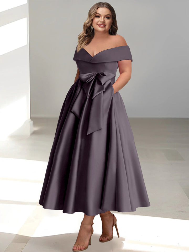 Robe de Mère de la Mariée Grande Taille, Coupe A-Line/Princess, Épaules Dénudées, Sans Manches, Longueur Cheville, avec Poches
