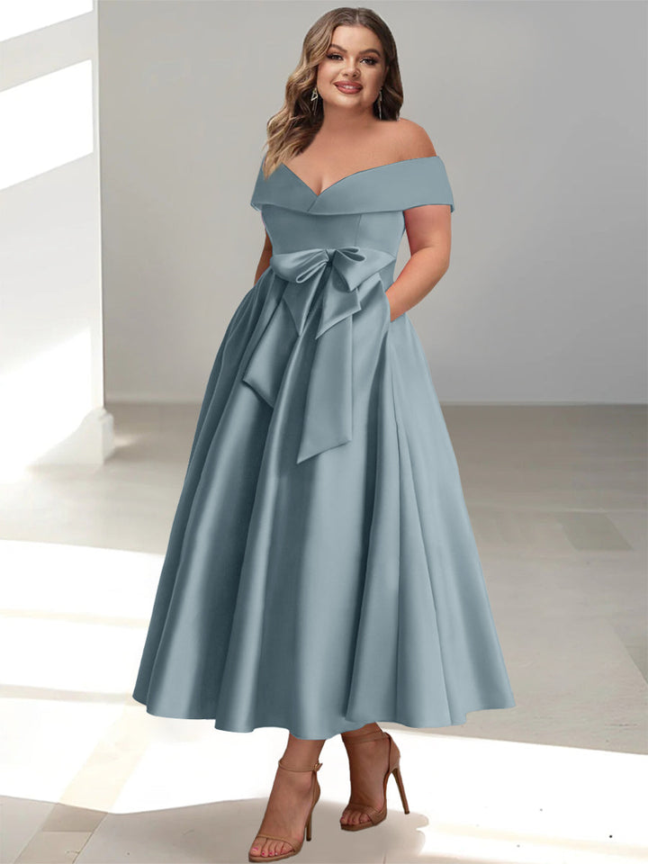 Robe de Mère de la Mariée Grande Taille, Coupe A-Line/Princess, Épaules Dénudées, Sans Manches, Longueur Cheville, avec Poches