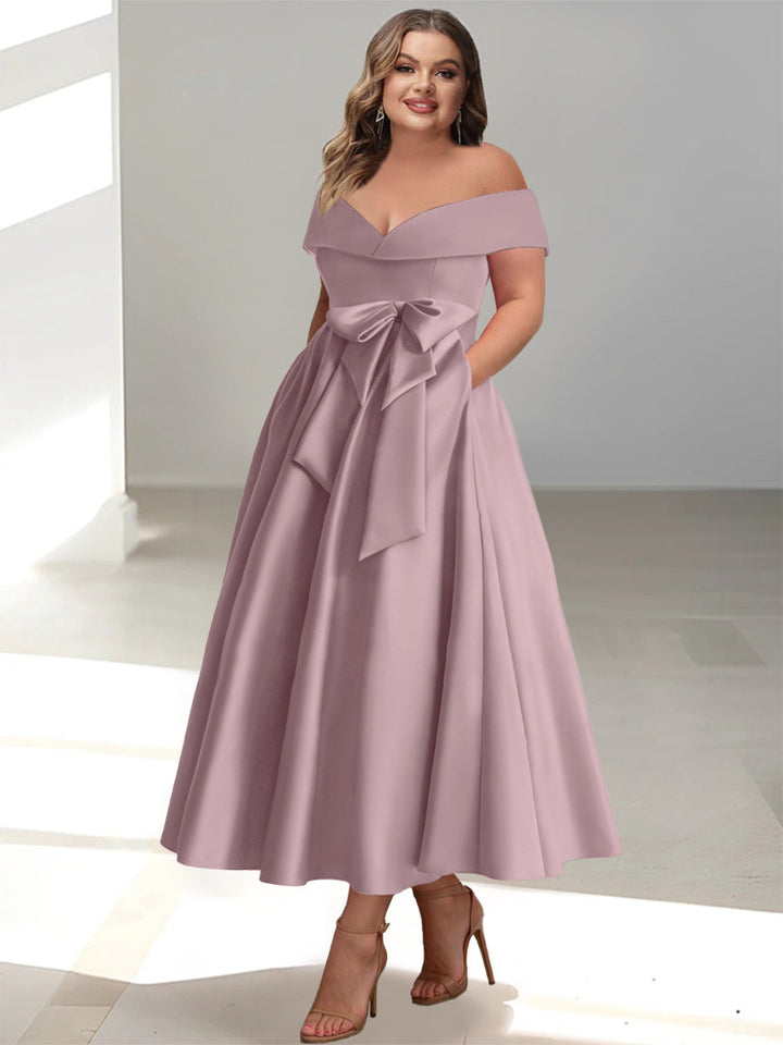 Robe de Mère de la Mariée Grande Taille, Coupe A-Line/Princess, Épaules Dénudées, Sans Manches, Longueur Cheville, avec Poches