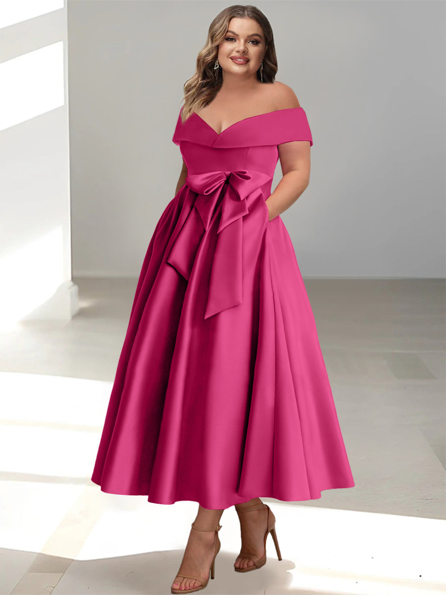 Robe de Mère de la Mariée Grande Taille, Coupe A-Line/Princess, Épaules Dénudées, Sans Manches, Longueur Cheville, avec Poches