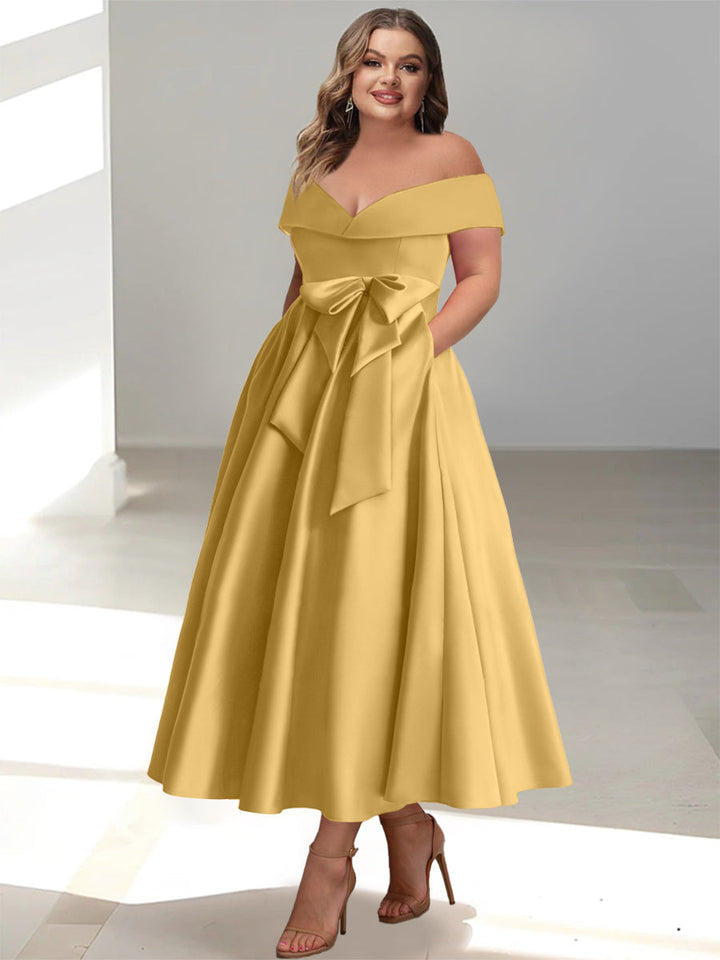 Robe de Mère de la Mariée Grande Taille, Coupe A-Line/Princess, Épaules Dénudées, Sans Manches, Longueur Cheville, avec Poches