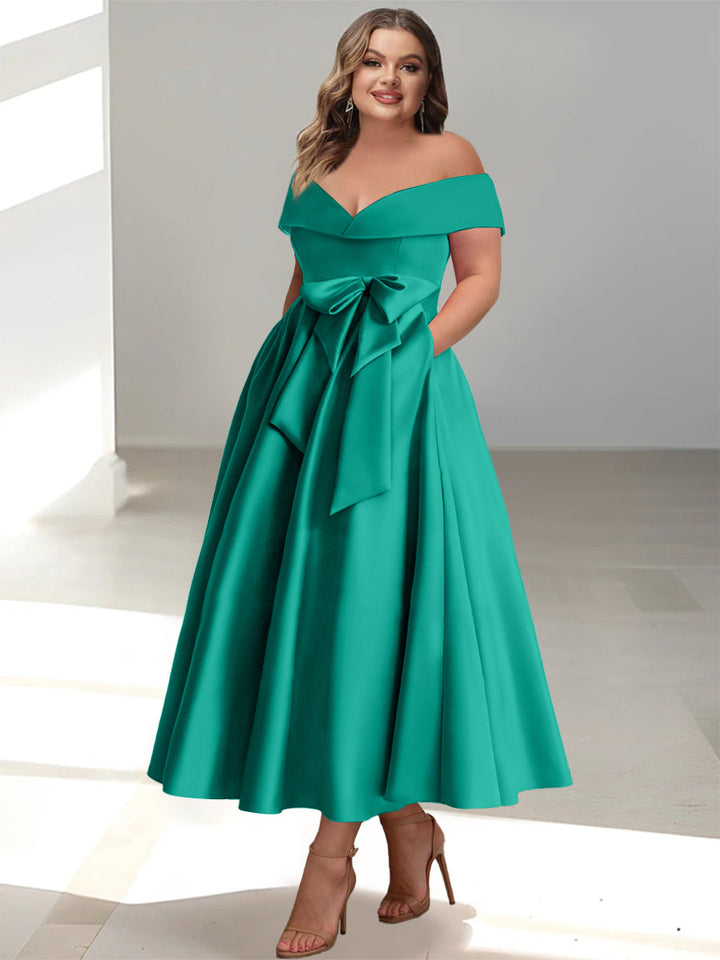 Robe de Mère de la Mariée Grande Taille, Coupe A-Line/Princess, Épaules Dénudées, Sans Manches, Longueur Cheville, avec Poches