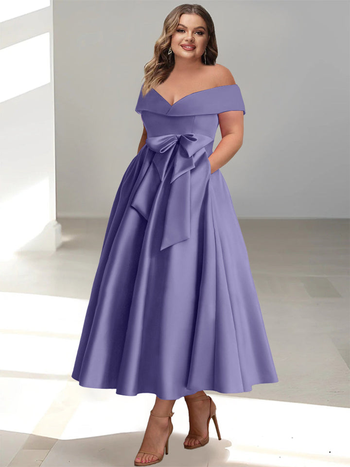 Robe de Mère de la Mariée Grande Taille, Coupe A-Line/Princess, Épaules Dénudées, Sans Manches, Longueur Cheville, avec Poches