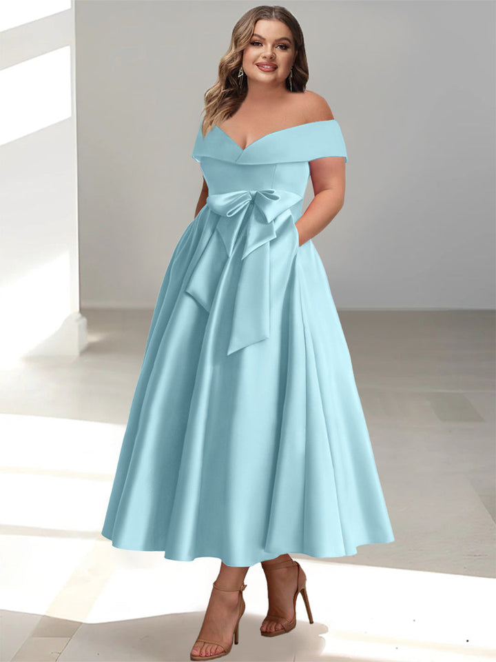 Robe de Mère de la Mariée Grande Taille, Coupe A-Line/Princess, Épaules Dénudées, Sans Manches, Longueur Cheville, avec Poches