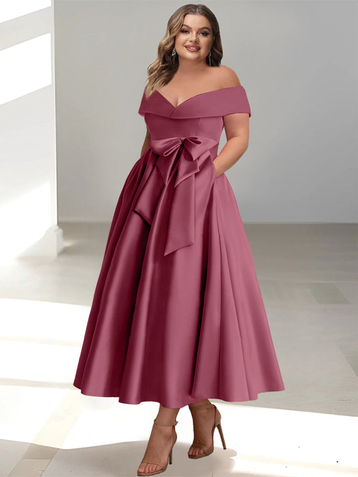 Robe de Mère de la Mariée Grande Taille, Coupe A-Line/Princess, Épaules Dénudées, Sans Manches, Longueur Cheville, avec Poches