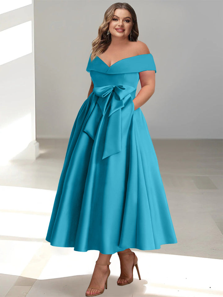 Robe de Mère de la Mariée Grande Taille, Coupe A-Line/Princess, Épaules Dénudées, Sans Manches, Longueur Cheville, avec Poches