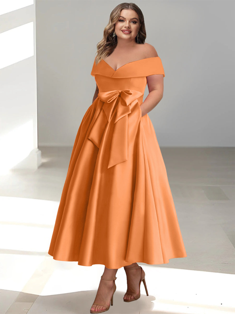 Robe de Mère de la Mariée Grande Taille, Coupe A-Line/Princess, Épaules Dénudées, Sans Manches, Longueur Cheville, avec Poches