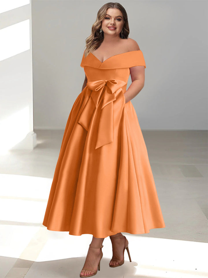 Robe de Mère de la Mariée Grande Taille, Coupe A-Line/Princess, Épaules Dénudées, Sans Manches, Longueur Cheville, avec Poches
