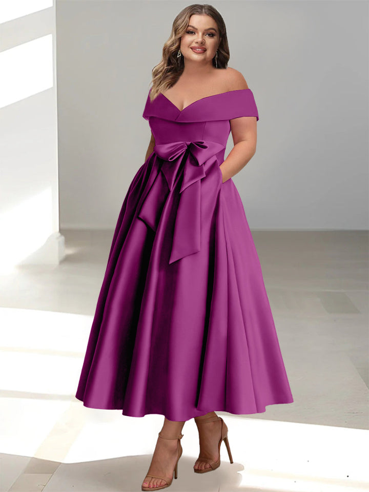 Robe de Mère de la Mariée Grande Taille, Coupe A-Line/Princess, Épaules Dénudées, Sans Manches, Longueur Cheville, avec Poches