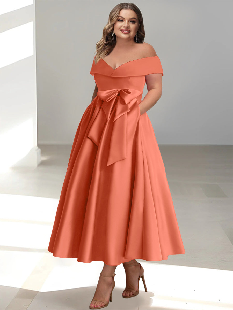 Robe de Mère de la Mariée Grande Taille, Coupe A-Line/Princess, Épaules Dénudées, Sans Manches, Longueur Cheville, avec Poches
