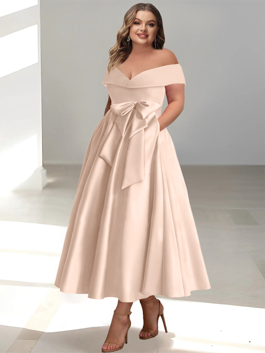 Robe de Mère de la Mariée Grande Taille, Coupe A-Line/Princess, Épaules Dénudées, Sans Manches, Longueur Cheville, avec Poches