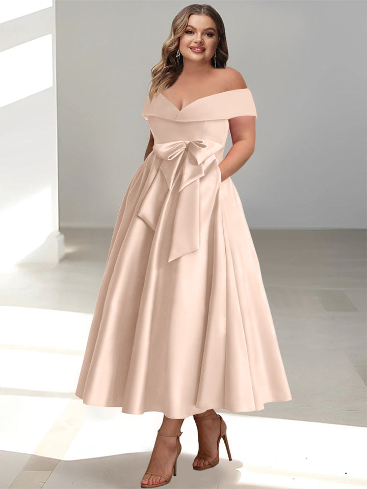 Robe de Mère de la Mariée Grande Taille, Coupe A-Line/Princess, Épaules Dénudées, Sans Manches, Longueur Cheville, avec Poches