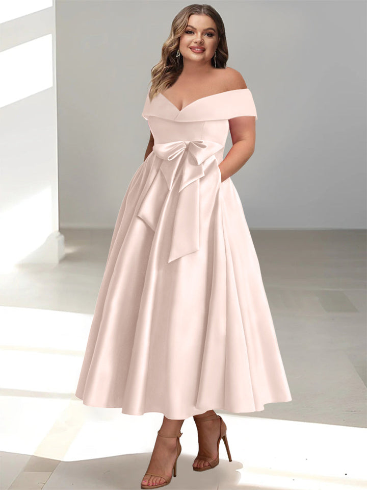 Robe de Mère de la Mariée Grande Taille, Coupe A-Line/Princess, Épaules Dénudées, Sans Manches, Longueur Cheville, avec Poches