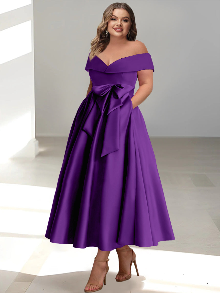 Robe de Mère de la Mariée Grande Taille, Coupe A-Line/Princess, Épaules Dénudées, Sans Manches, Longueur Cheville, avec Poches