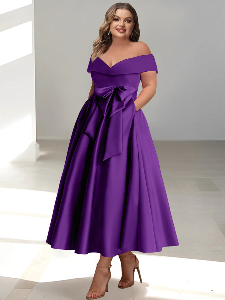 Robe de Mère de la Mariée Grande Taille, Coupe A-Line/Princess, Épaules Dénudées, Sans Manches, Longueur Cheville, avec Poches