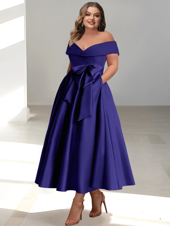 Robe de Mère de la Mariée Grande Taille, Coupe A-Line/Princess, Épaules Dénudées, Sans Manches, Longueur Cheville, avec Poches