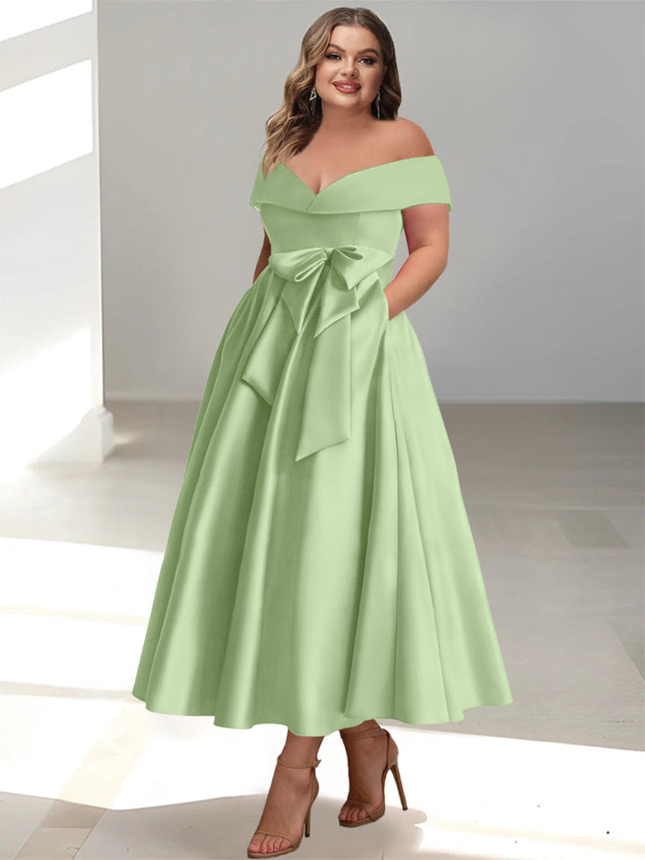Robe de Mère de la Mariée Grande Taille, Coupe A-Line/Princess, Épaules Dénudées, Sans Manches, Longueur Cheville, avec Poches