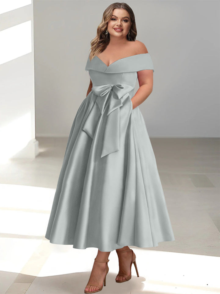 Robe de Mère de la Mariée Grande Taille, Coupe A-Line/Princess, Épaules Dénudées, Sans Manches, Longueur Cheville, avec Poches