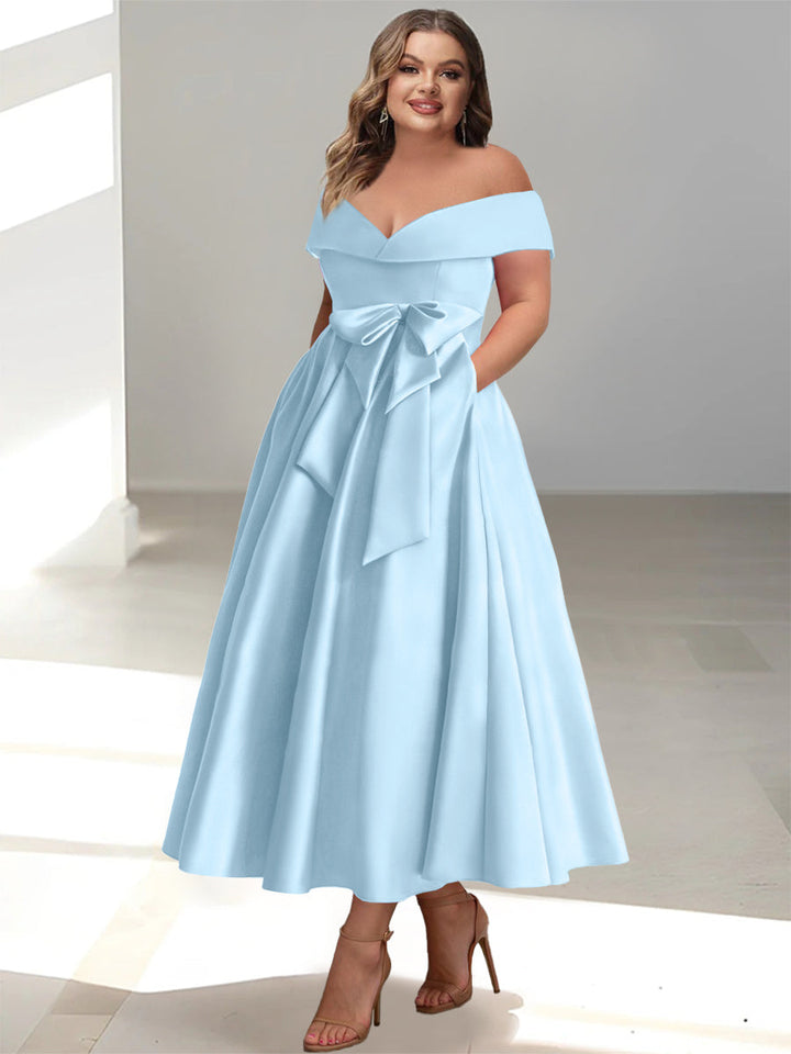 Robe de Mère de la Mariée Grande Taille, Coupe A-Line/Princess, Épaules Dénudées, Sans Manches, Longueur Cheville, avec Poches