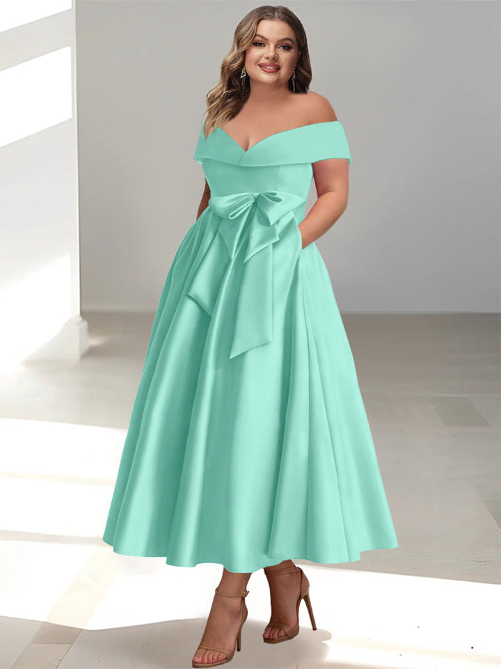 Robe de Mère de la Mariée Grande Taille, Coupe A-Line/Princess, Épaules Dénudées, Sans Manches, Longueur Cheville, avec Poches
