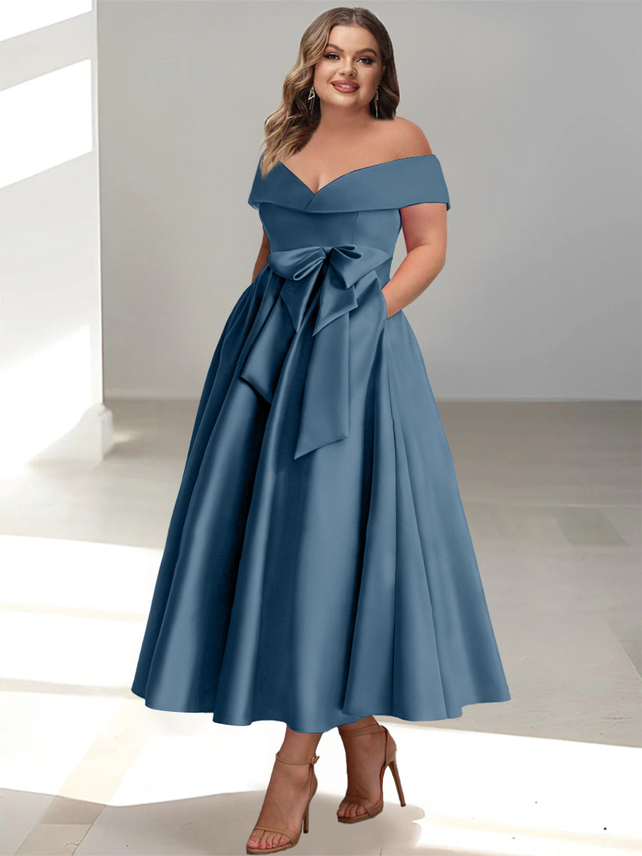 Robe de Mère de la Mariée Grande Taille, Coupe A-Line/Princess, Épaules Dénudées, Sans Manches, Longueur Cheville, avec Poches