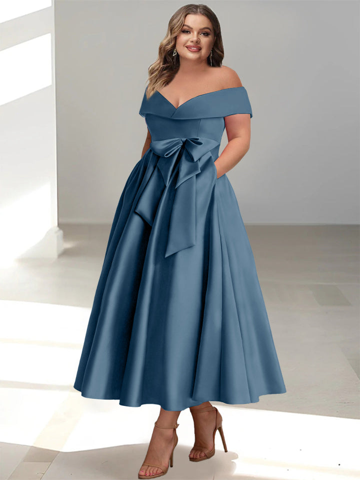Robe de Mère de la Mariée Grande Taille, Coupe A-Line/Princess, Épaules Dénudées, Sans Manches, Longueur Cheville, avec Poches