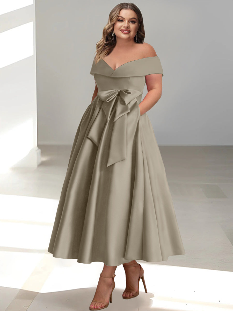 Robe de Mère de la Mariée Grande Taille, Coupe A-Line/Princess, Épaules Dénudées, Sans Manches, Longueur Cheville, avec Poches