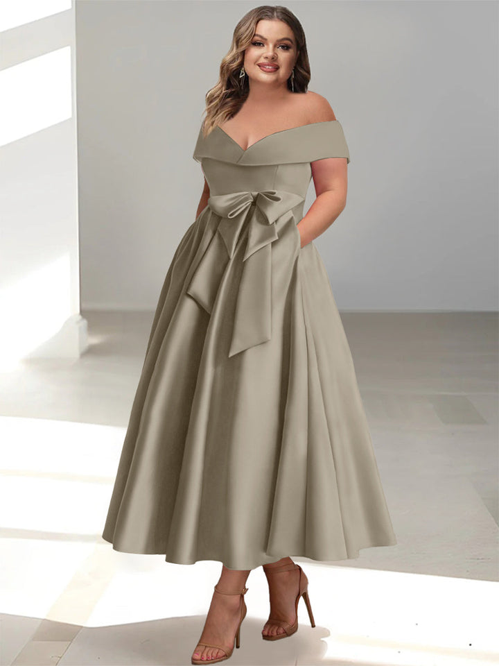 Robe de Mère de la Mariée Grande Taille, Coupe A-Line/Princess, Épaules Dénudées, Sans Manches, Longueur Cheville, avec Poches