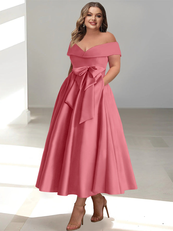 Robe de Mère de la Mariée Grande Taille, Coupe A-Line/Princess, Épaules Dénudées, Sans Manches, Longueur Cheville, avec Poches