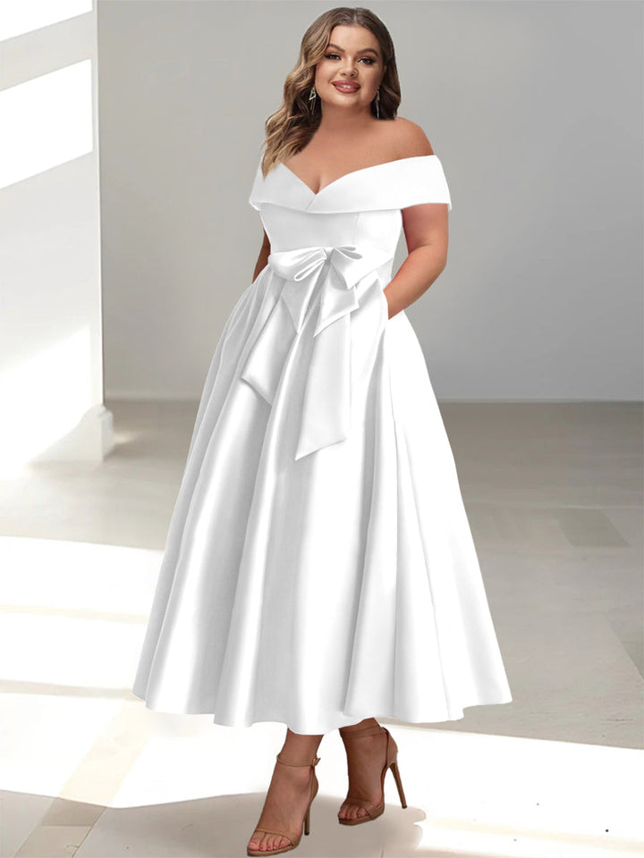 Robe de Mère de la Mariée Grande Taille, Coupe A-Line/Princess, Épaules Dénudées, Sans Manches, Longueur Cheville, avec Poches
